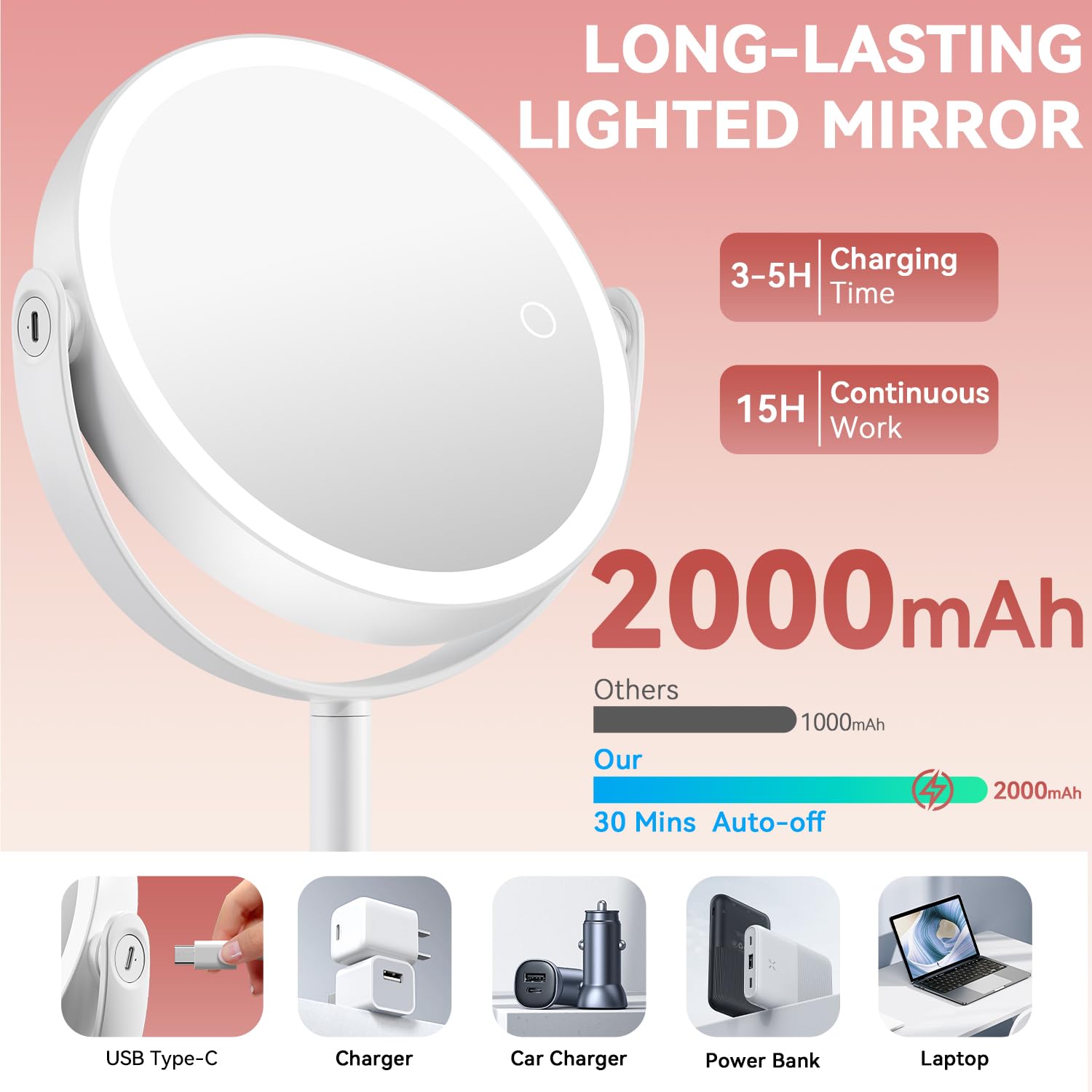 Auxmir mirror tilted to show 360° rotation for flexible positioning benefit