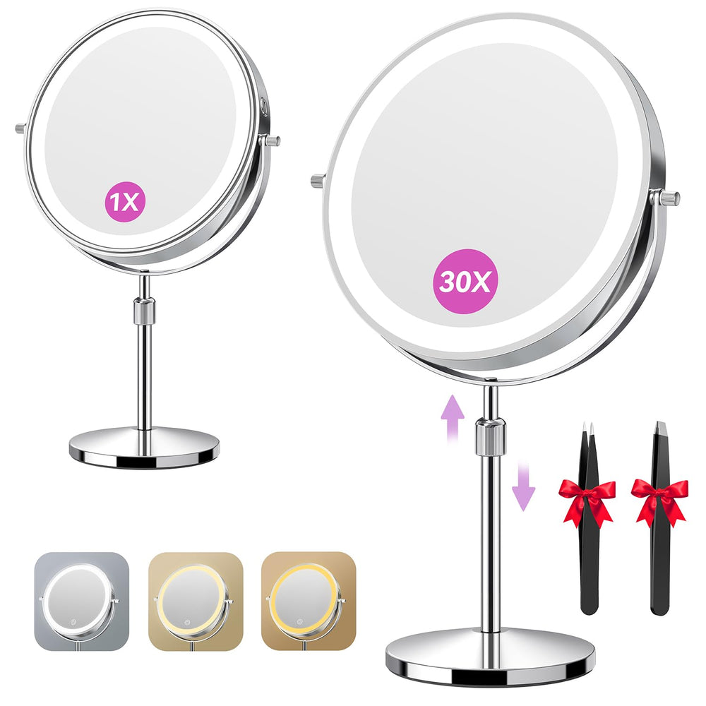 Auxmir front view chrome vanity mirror shows sleek design and bright LEDs