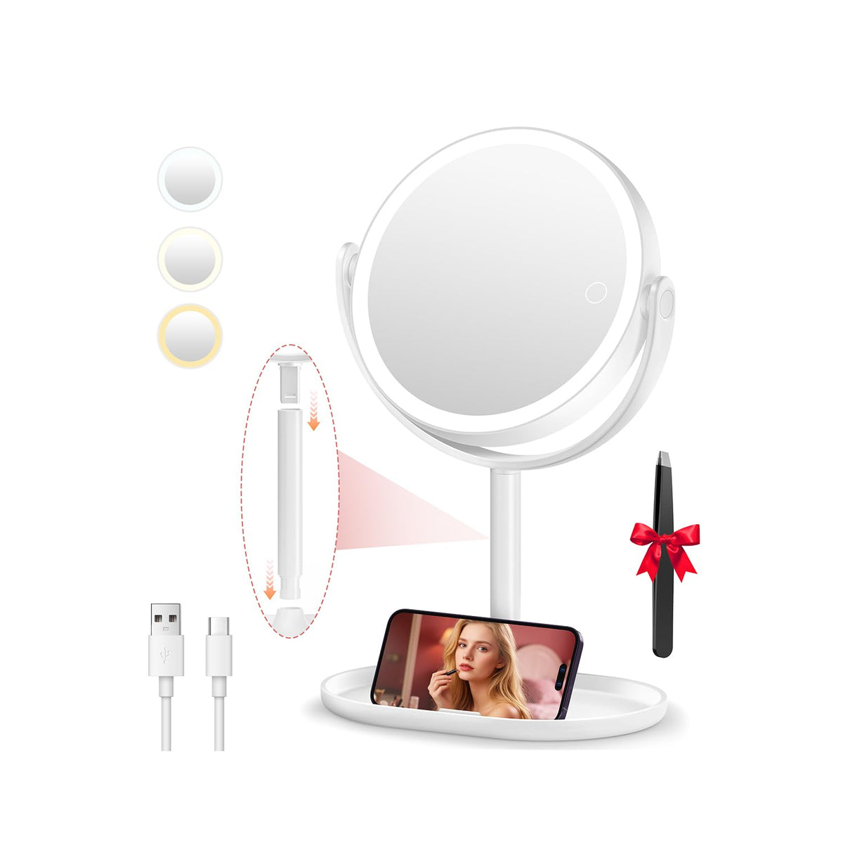 Auxmir front view of lighted mirror showing LEDs and clean reflection benefit
