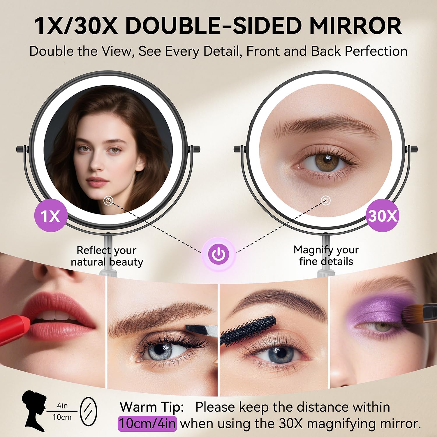 Auxmir LED lights demonstrating three color modes for accurate makeup
