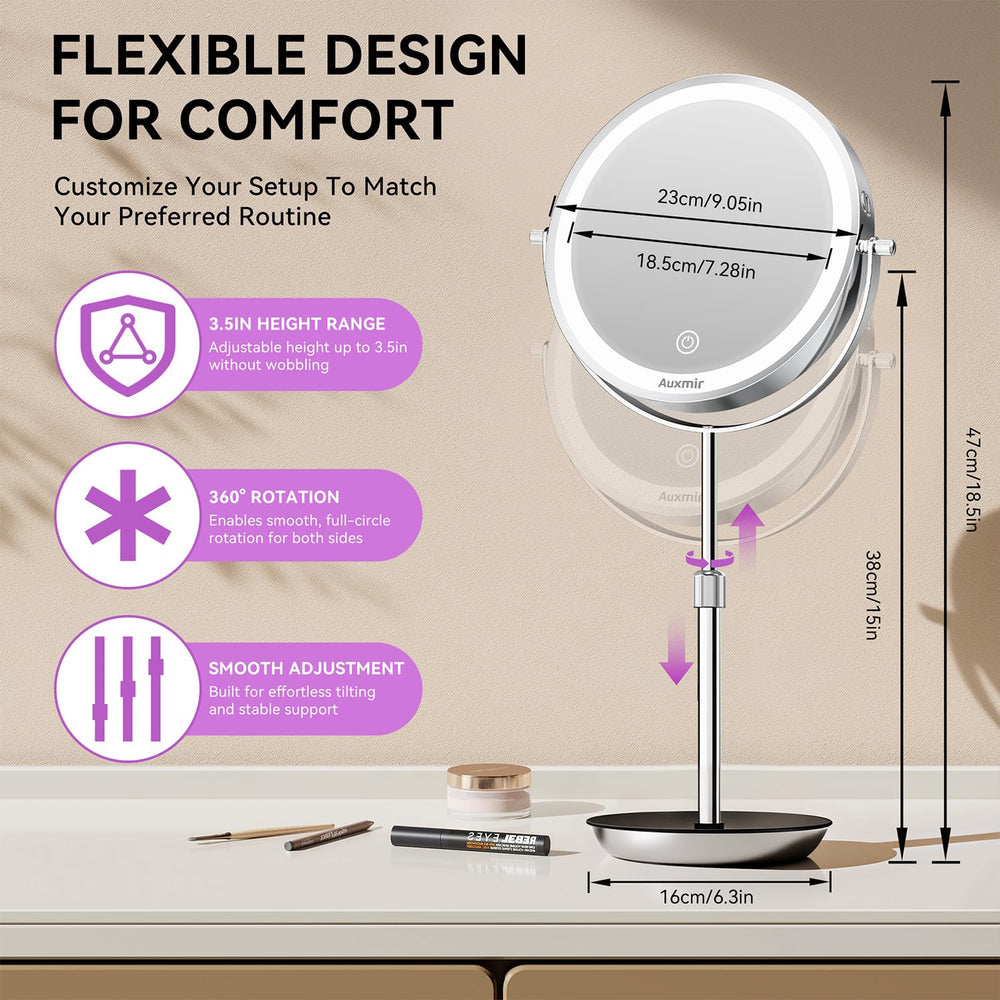 Auxmir side angle showing 360-degree rotation and height adjustability for exact positioning