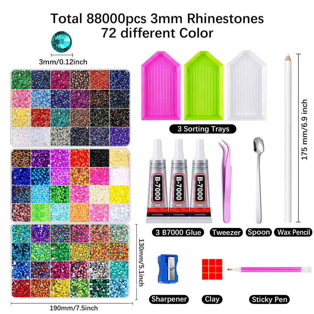 Auxnki close-up color swatches displaying 72 vibrant rhinestone shades for design choices