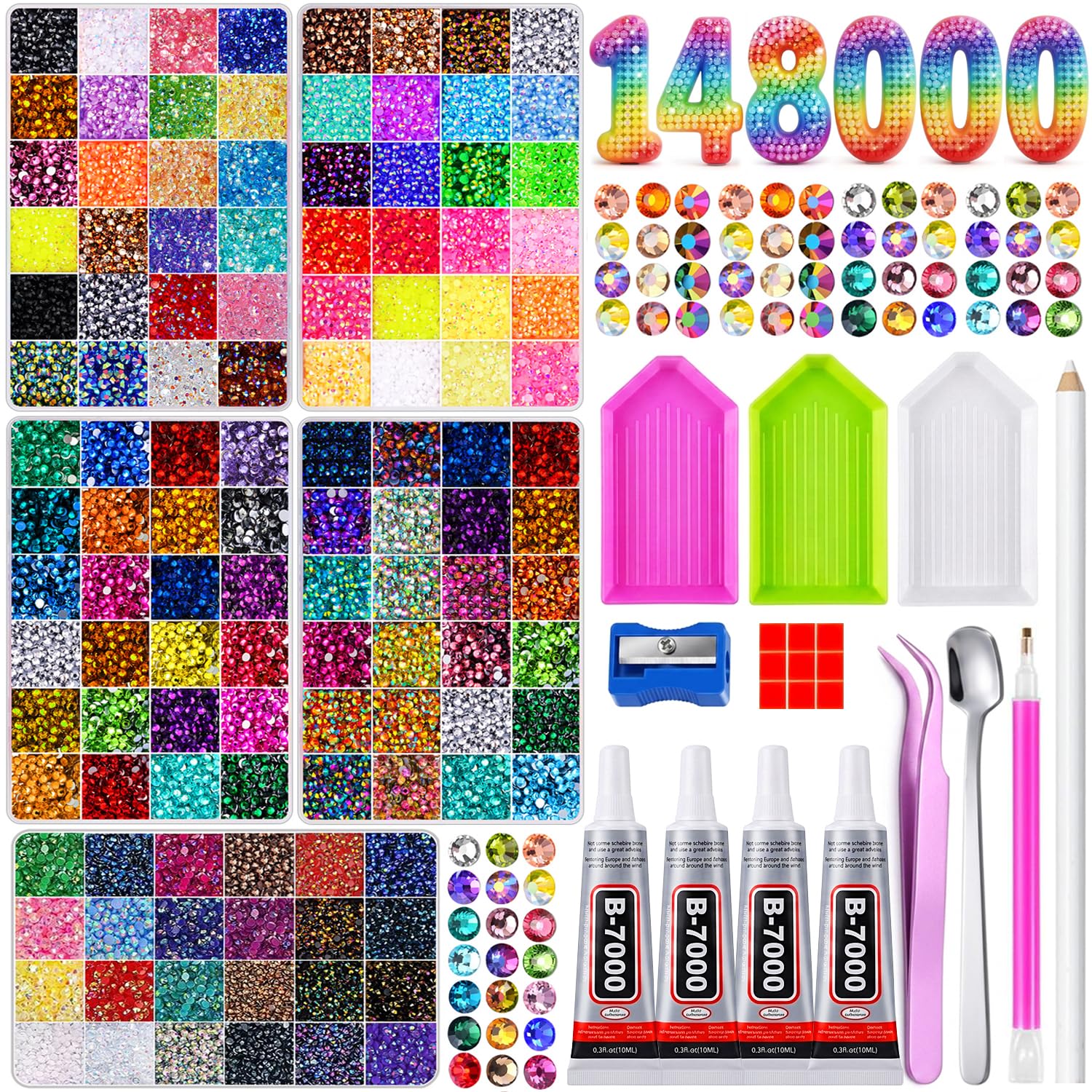 Auxnki front package showing full rhinestone kit and included tools for convenience