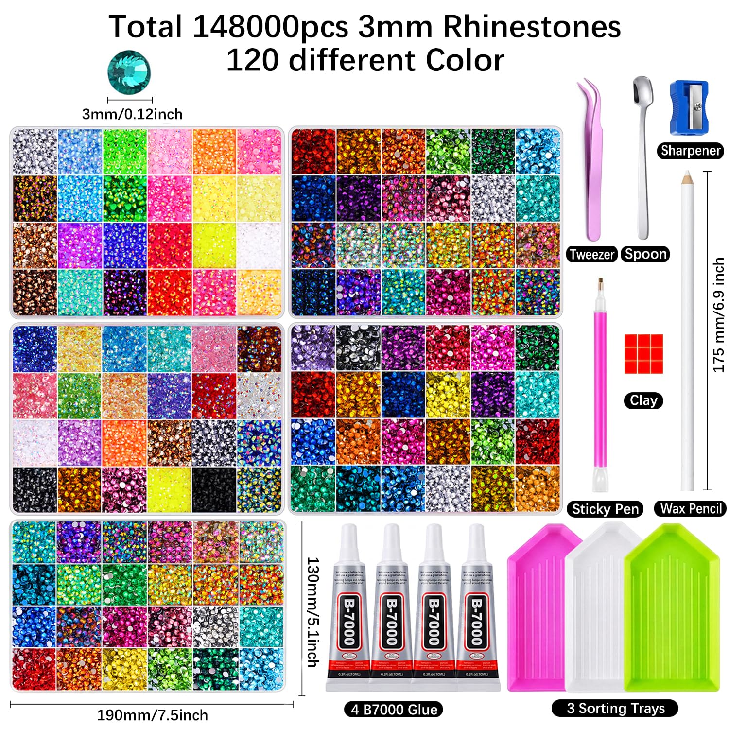 Auxnki rainbow array of 120 rhinestone colors laid out for easy selection
