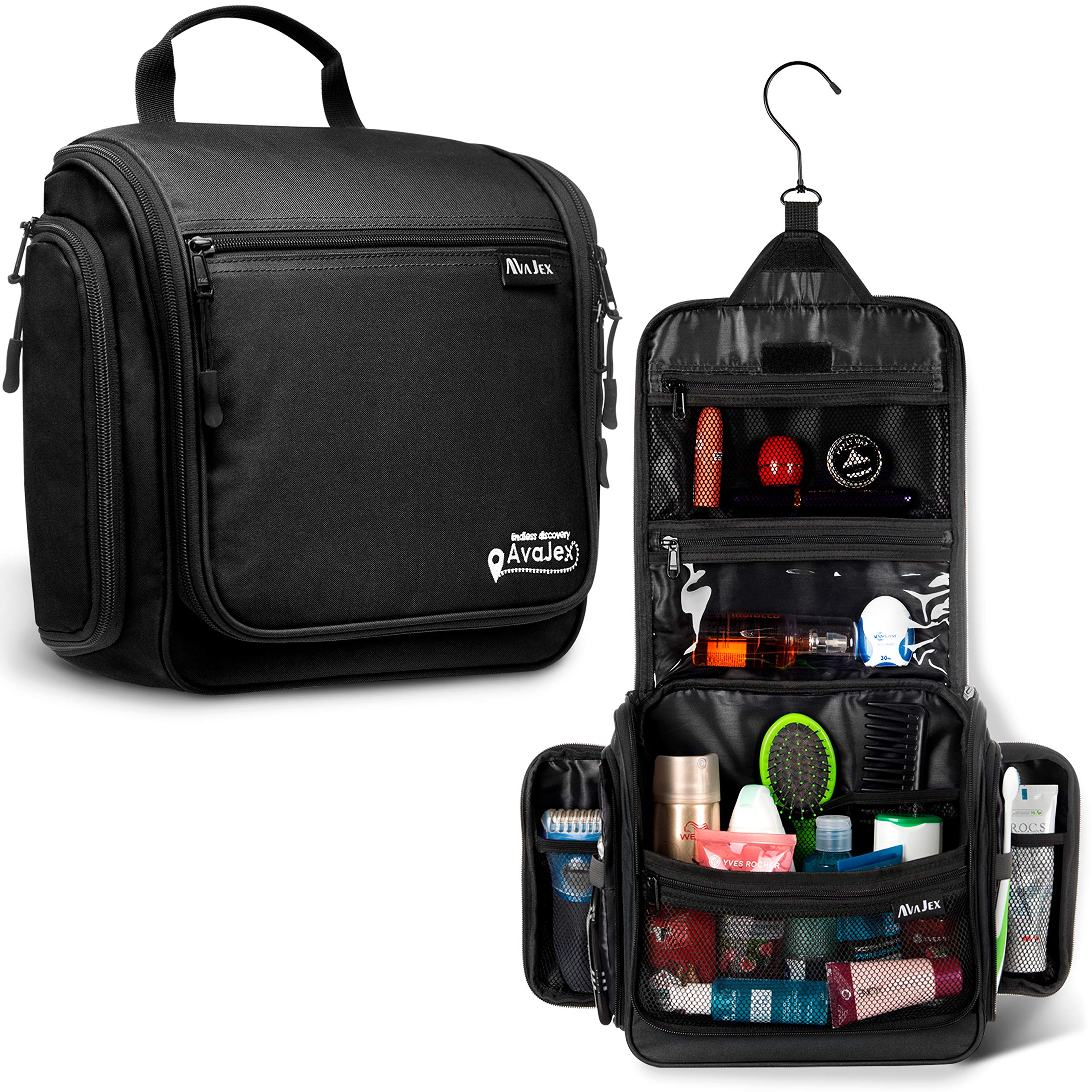 AvaJex front view of large hanging dopp kit showing compact travel-ready design