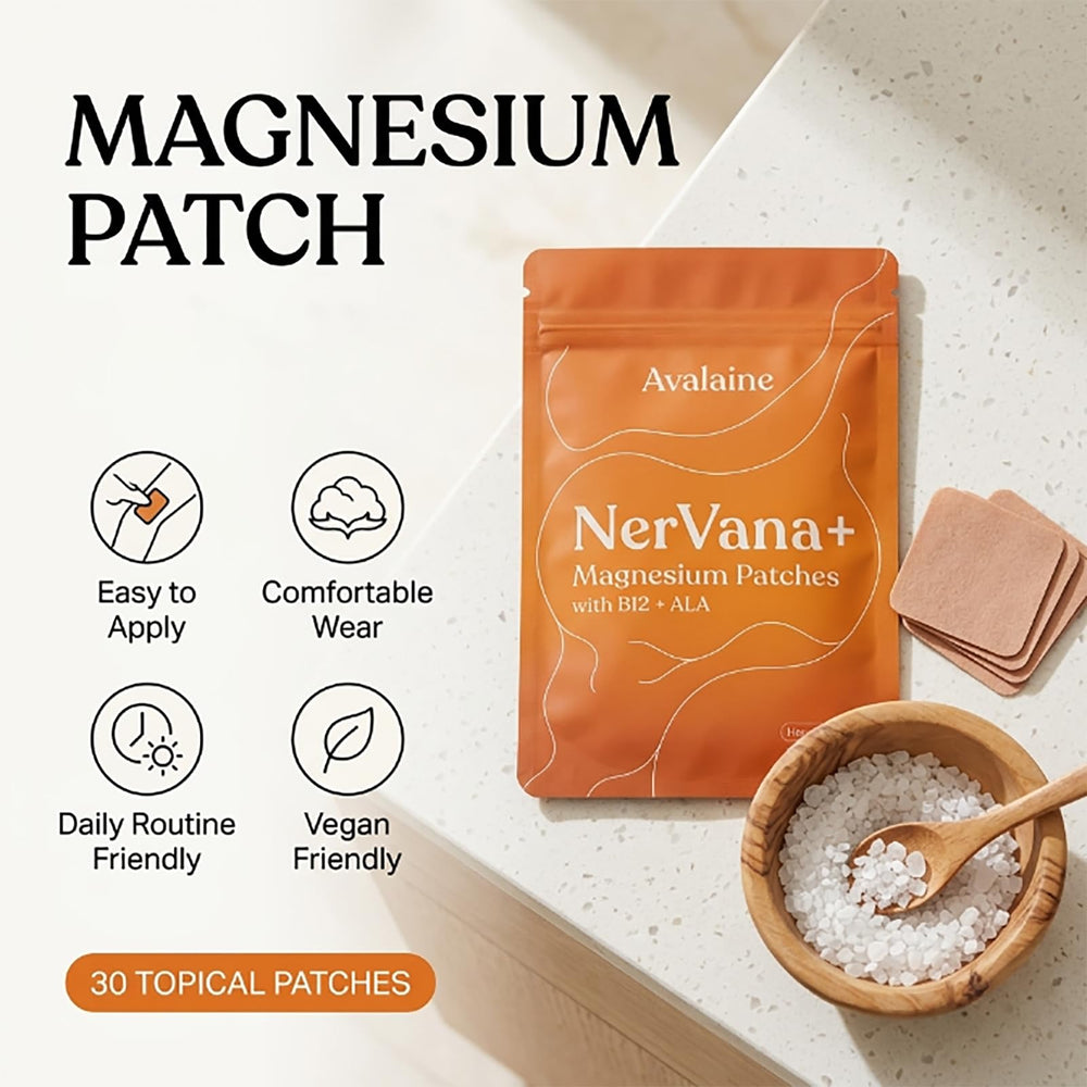 Avalaine NerVana+ patch applied to upper arm demonstrating discreet everyday wear