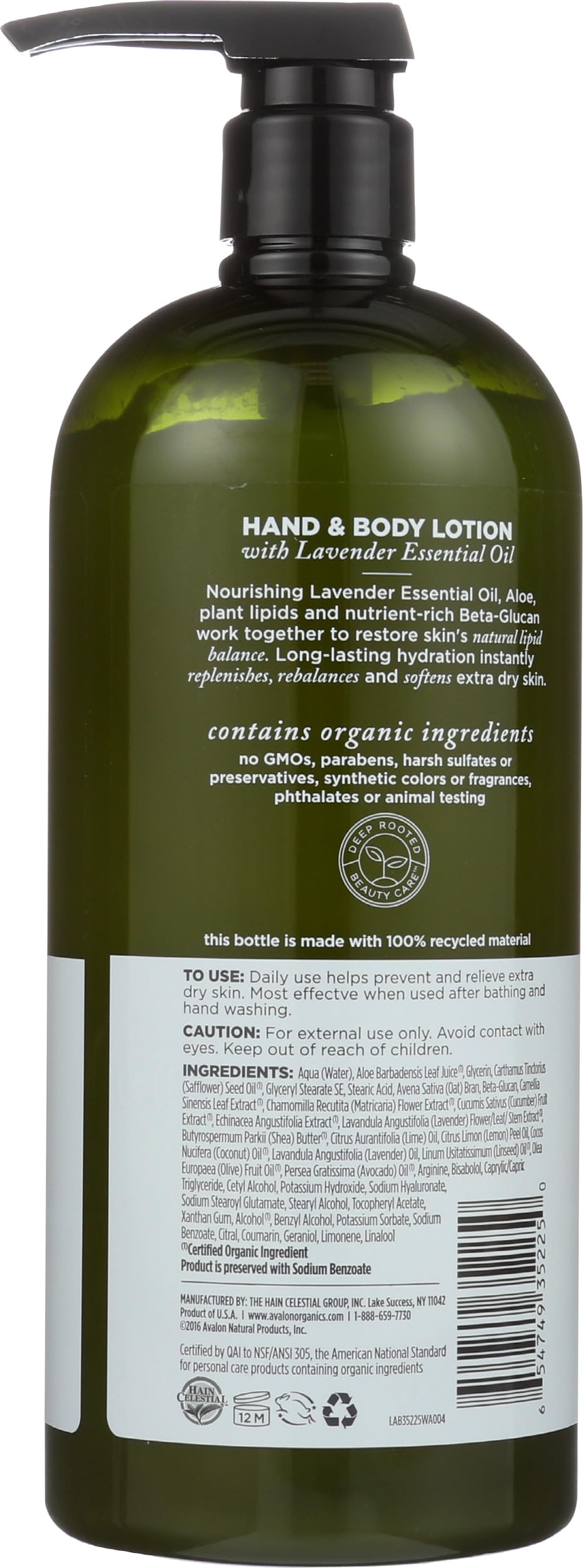 Avalon Organics pump and label detail highlighting organic certification benefit