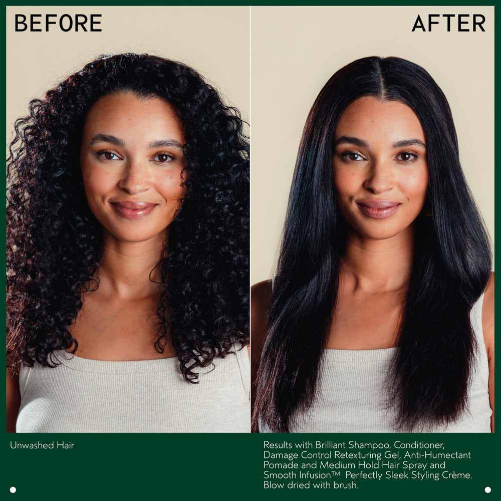 Aveda blowout before and after illustrating frizz control and sleek finish