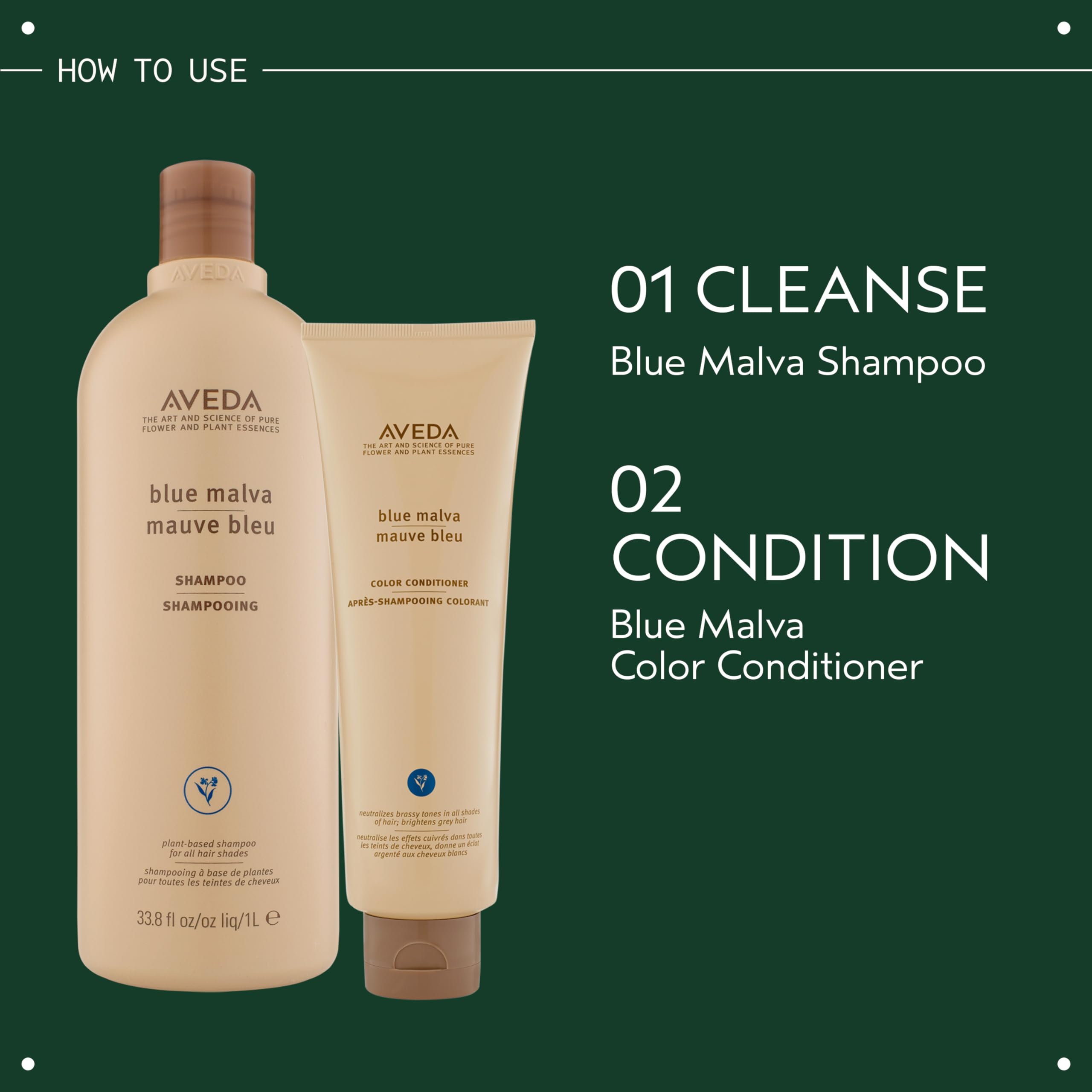 AVEDA blue malva shampoo on bathroom shelf conveying salon-quality results