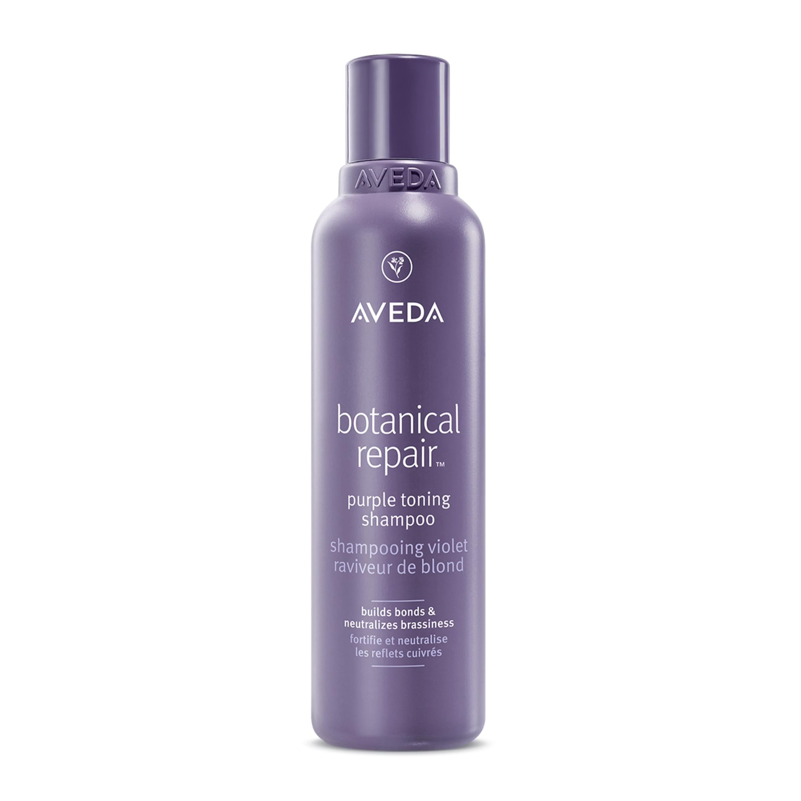 AVEDA front bottle view showing clean design and purple shampoo benefits