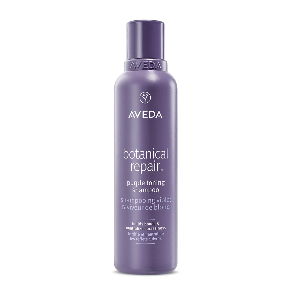 AVEDA front bottle view showing clean design and purple shampoo benefits