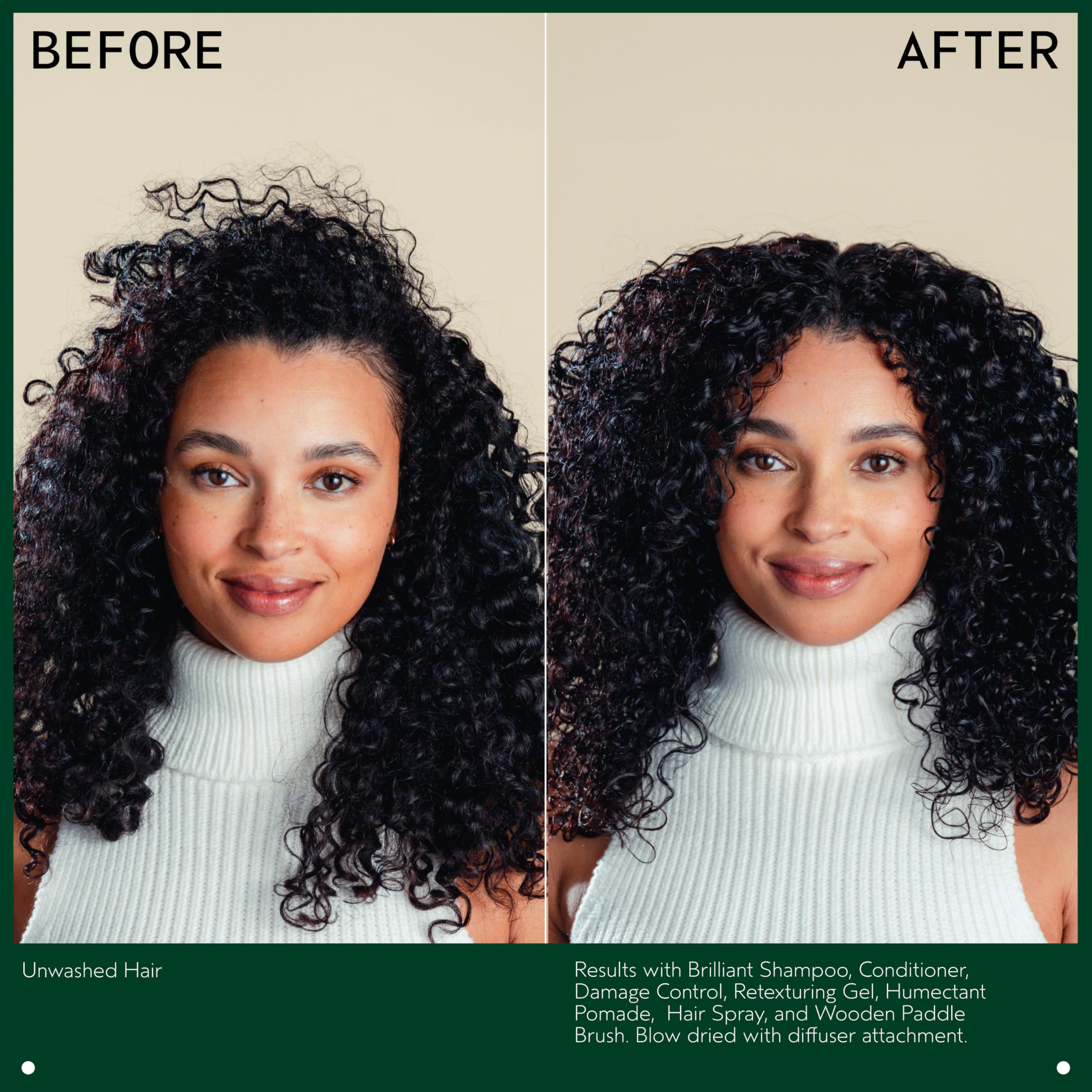 AVEDA before and after on curly hair showing improved definition and reduced frizz