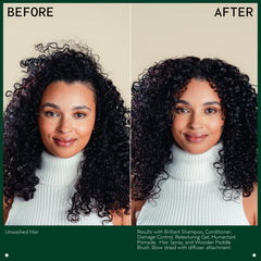 AVEDA before and after on curly hair showing improved definition and reduced frizz