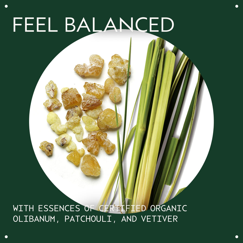 AVEDA Chakra 1 close-up of olibanum vetiver patchouli notes, highlights pure oils