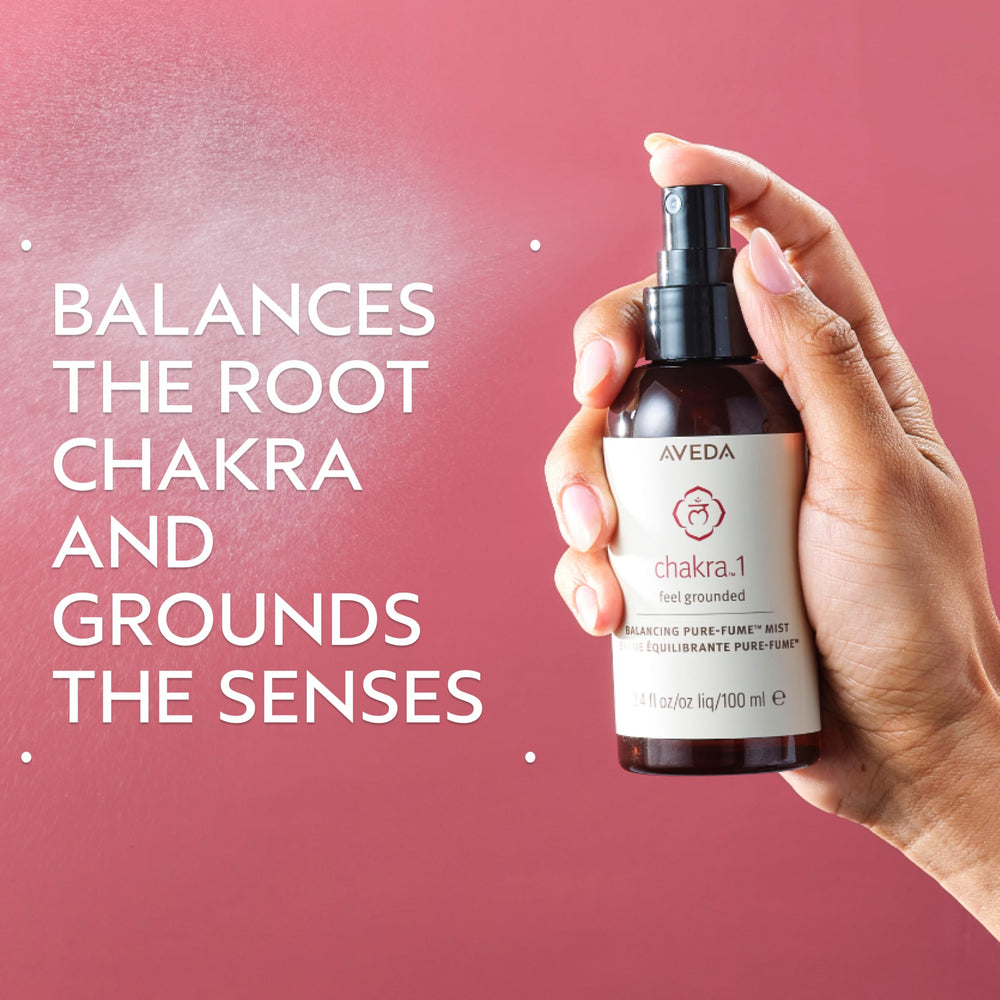 AVEDA Chakra 1 being misted in air, demonstrates quick calming application