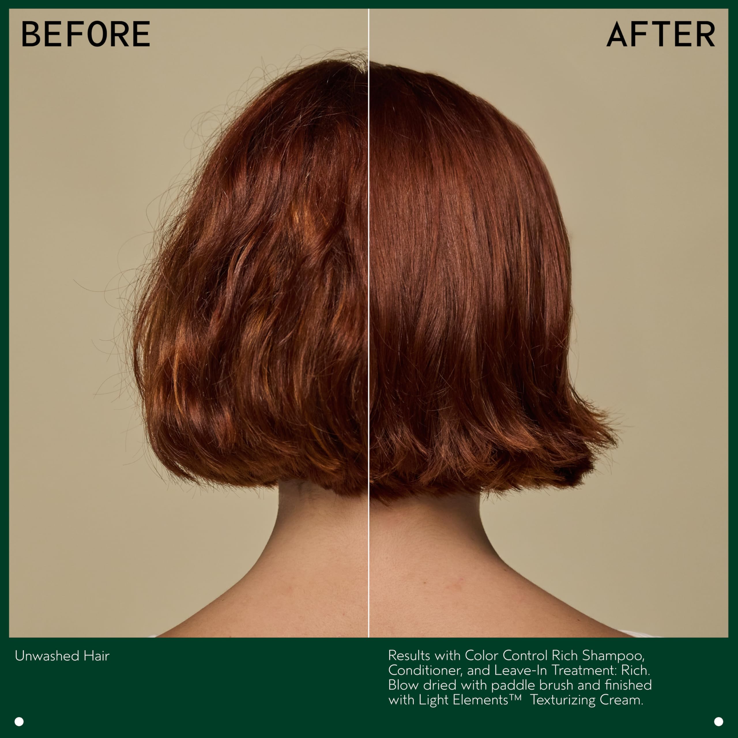 Aveda Color Control combed hair after rinse showing reduced tangles and glossy finish
