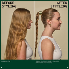 AVEDA before and after hair styling demonstrating added texture and matte finish benefit