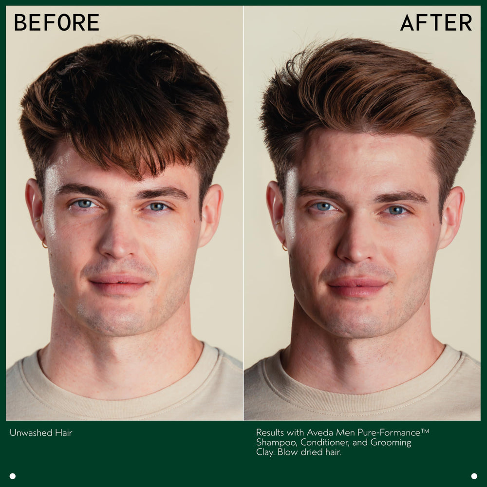 Closeup of hair styled with Aveda Men grooming clay showing textured matte finish