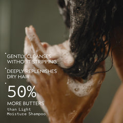 AVEDA texture on palm showing rich shampoo foam and easy spreadability
