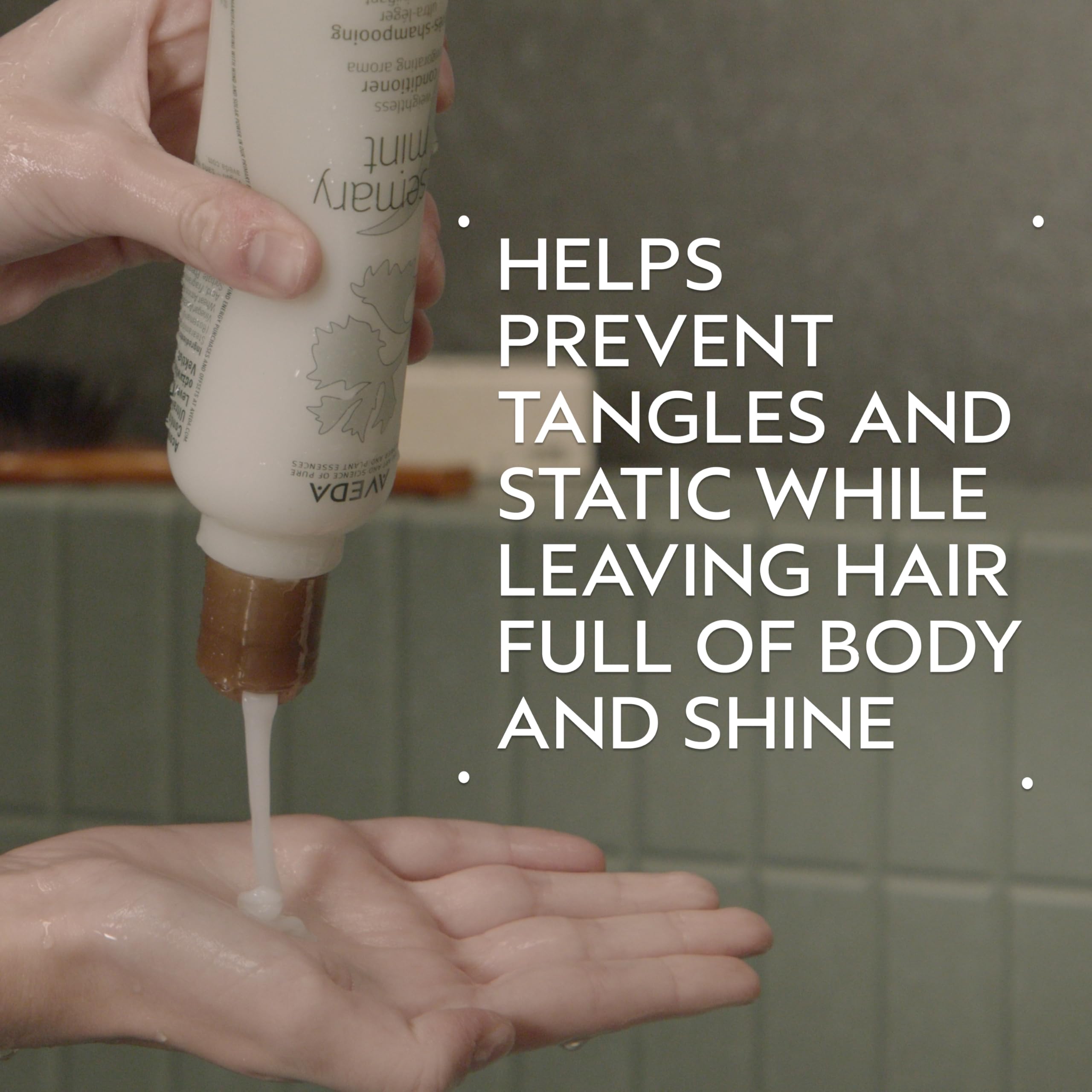 Aveda pump dispensing conditioner showing amount control benefit: efficient use