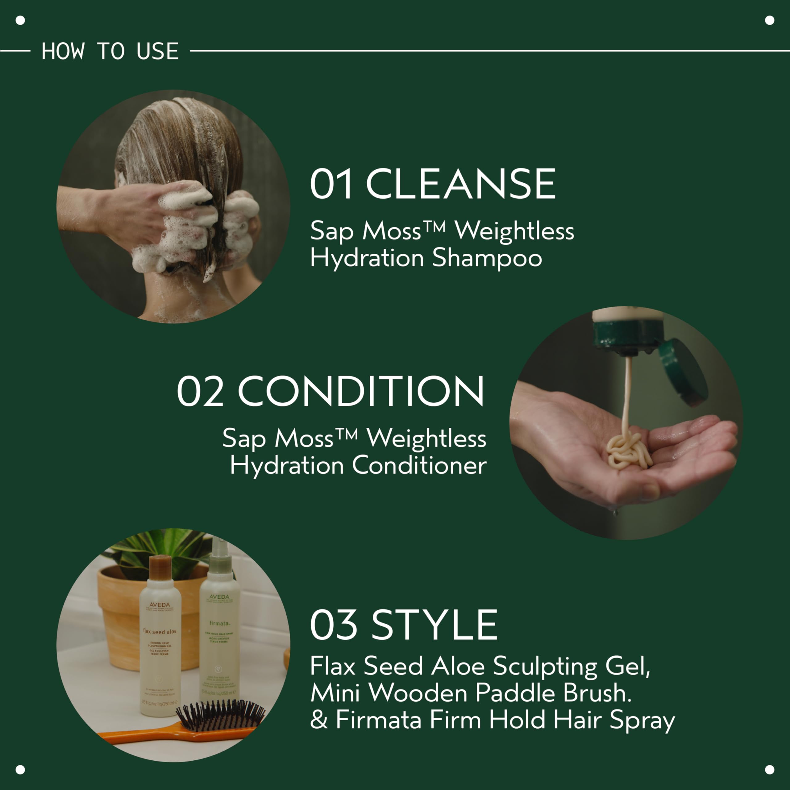 AVEDA label close-up highlighting Iceland moss and larch sap ingredients benefit