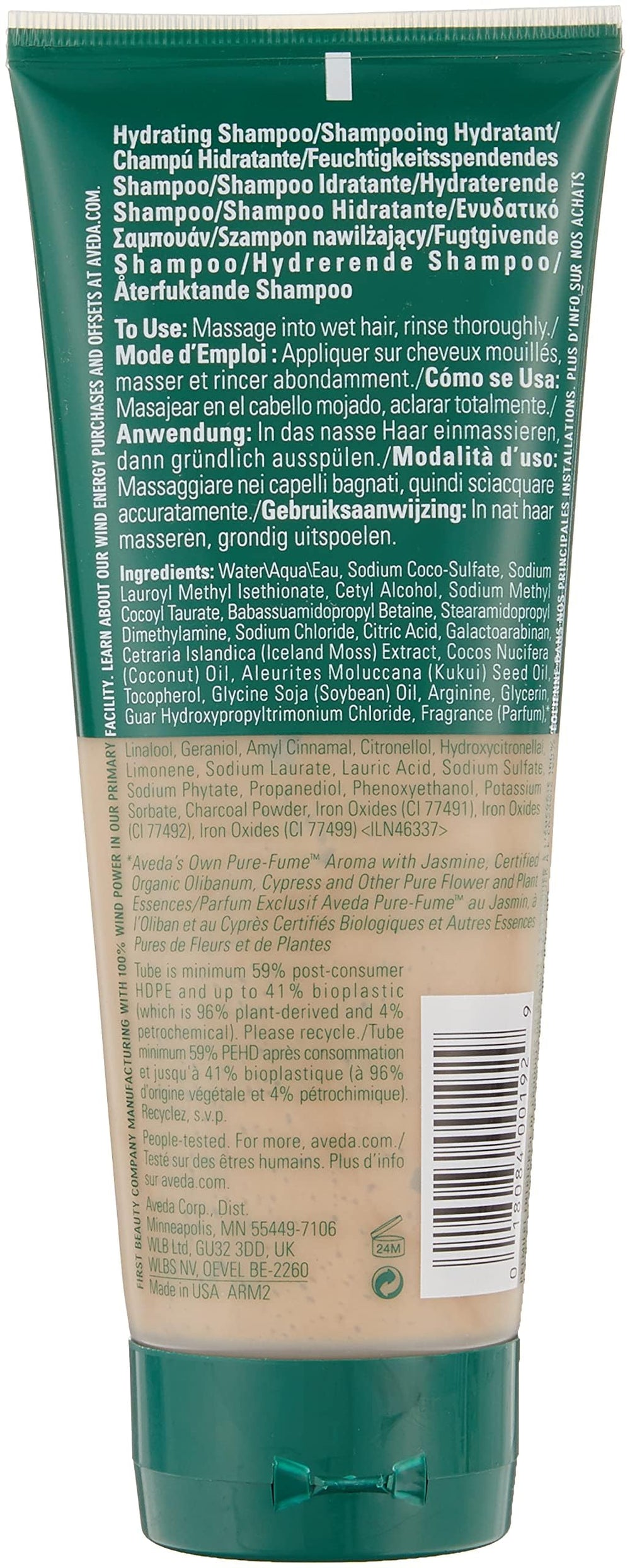 AVEDA label close-up highlighting ingredients and scent