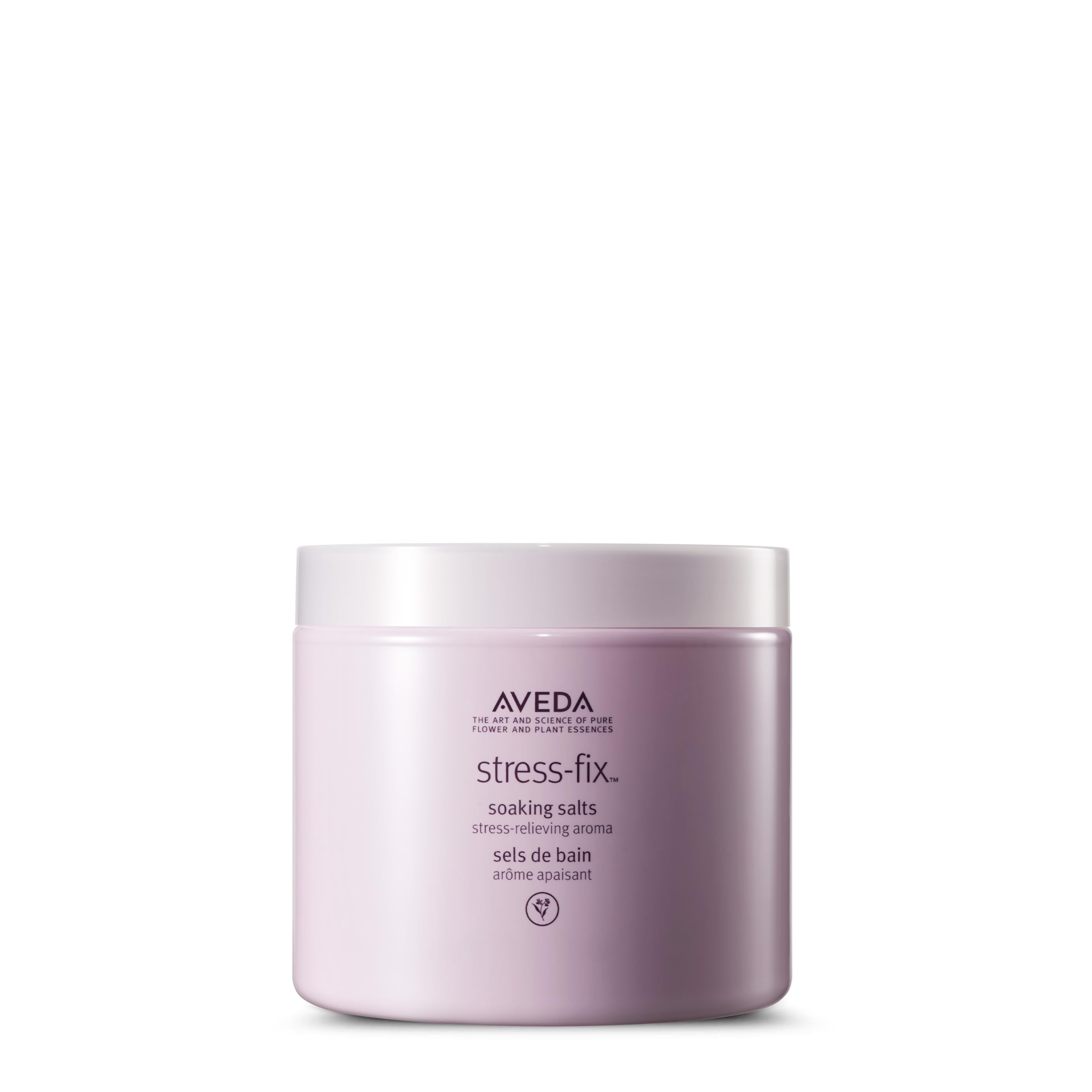 Aveda Stress-Fix soaking salts jar front view showing packaging and calming scent benefits