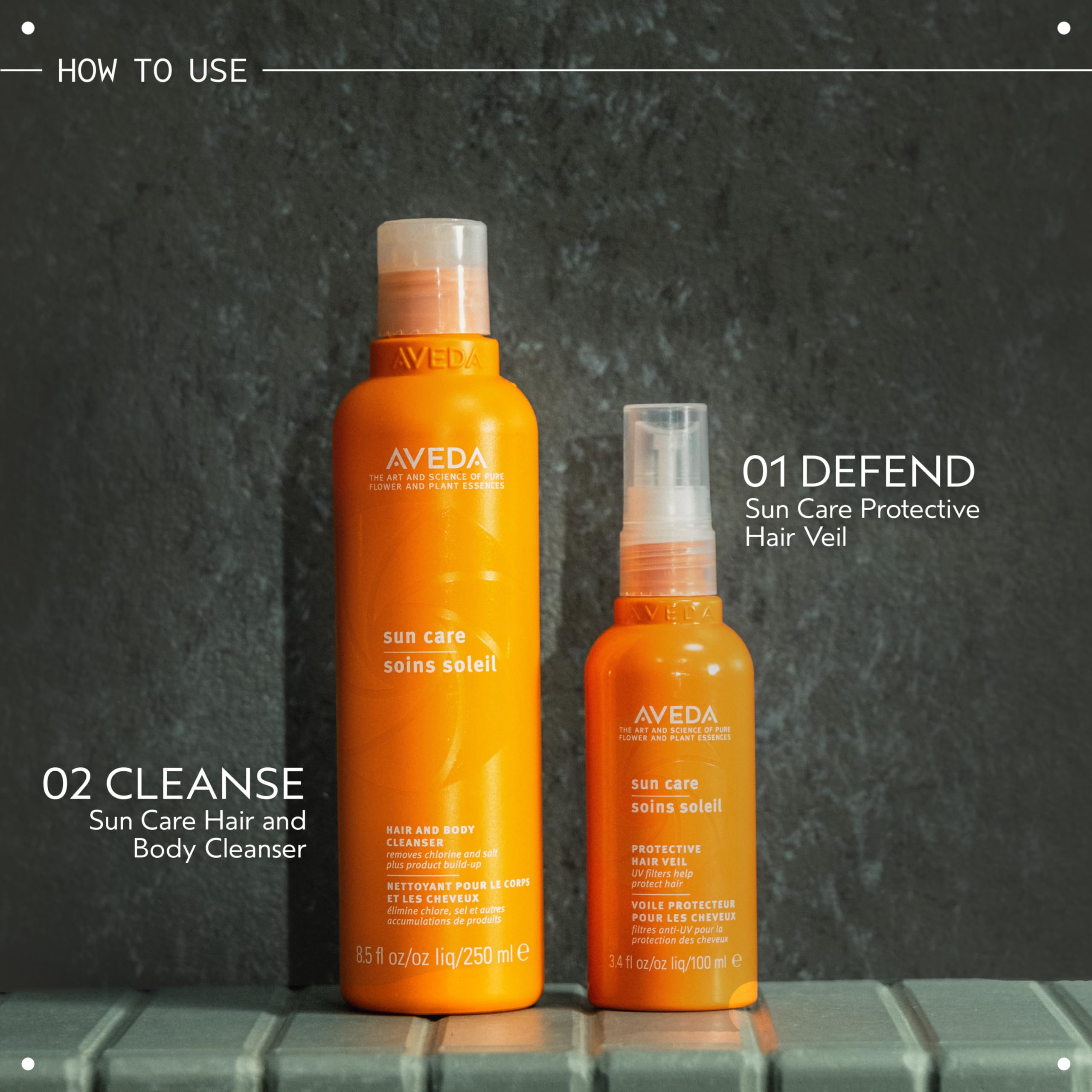 AVEDA bottle inside a beach bag illustrating convenient post-swim cleansing