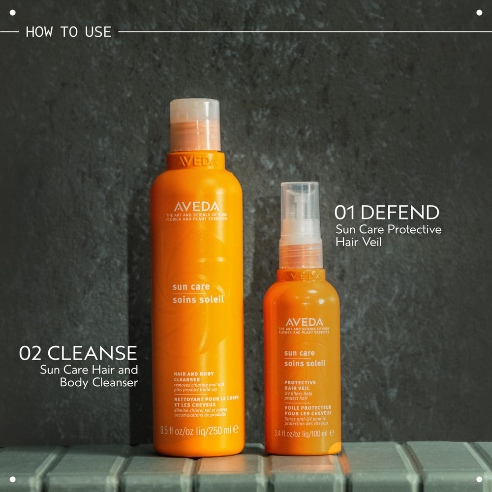 AVEDA bottle inside a beach bag illustrating convenient post-swim cleansing