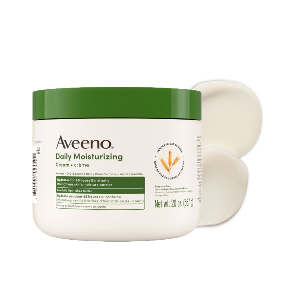 Aveeno jar front view showing 20 oz label and brand hydration benefits