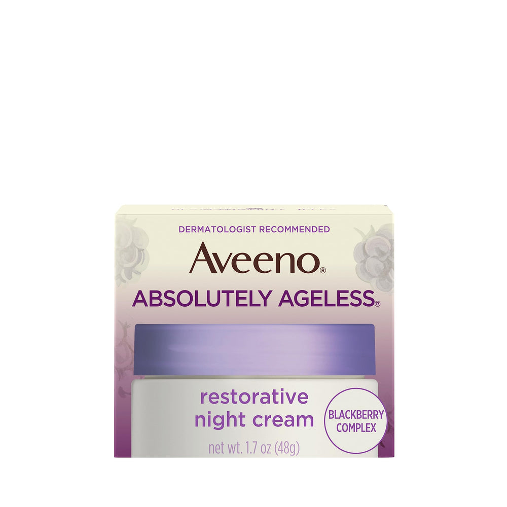 Aveeno jar front view showing brand and restorative night cream benefits