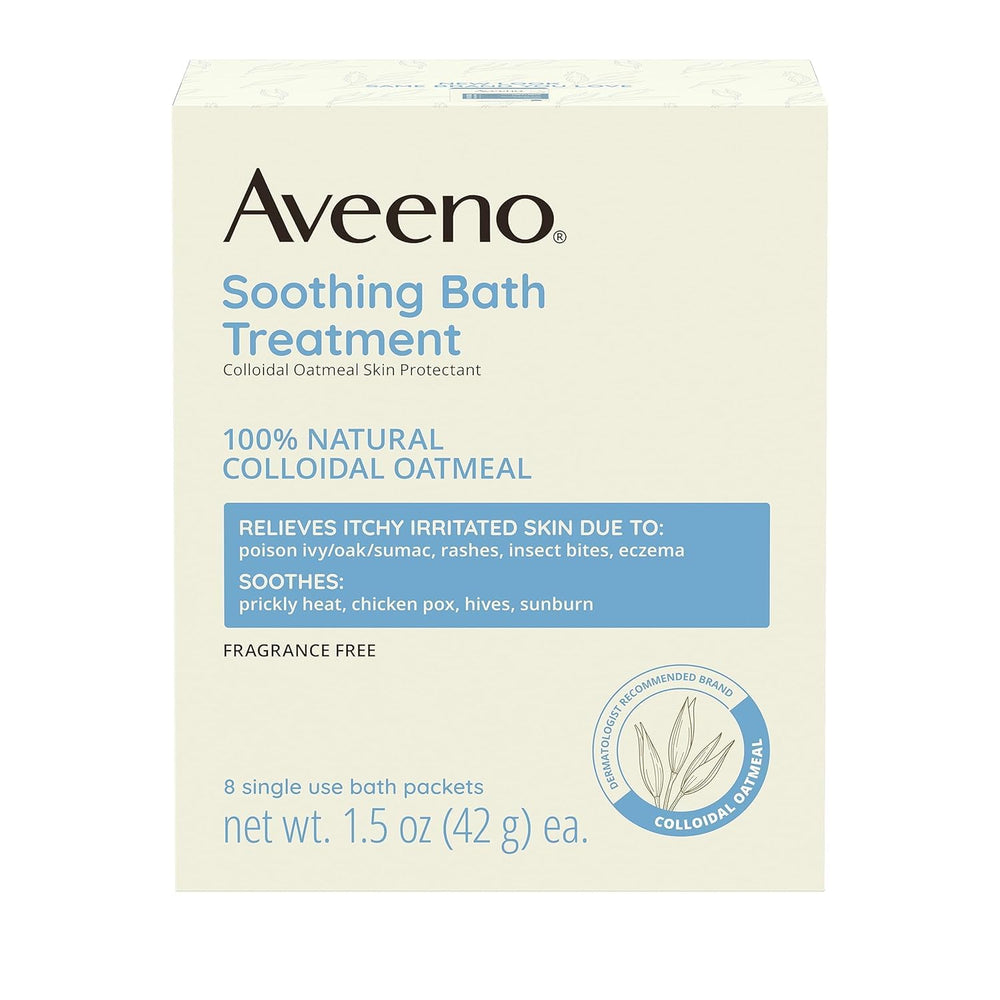 Aveeno bath soak in bathroom setting for calming relief