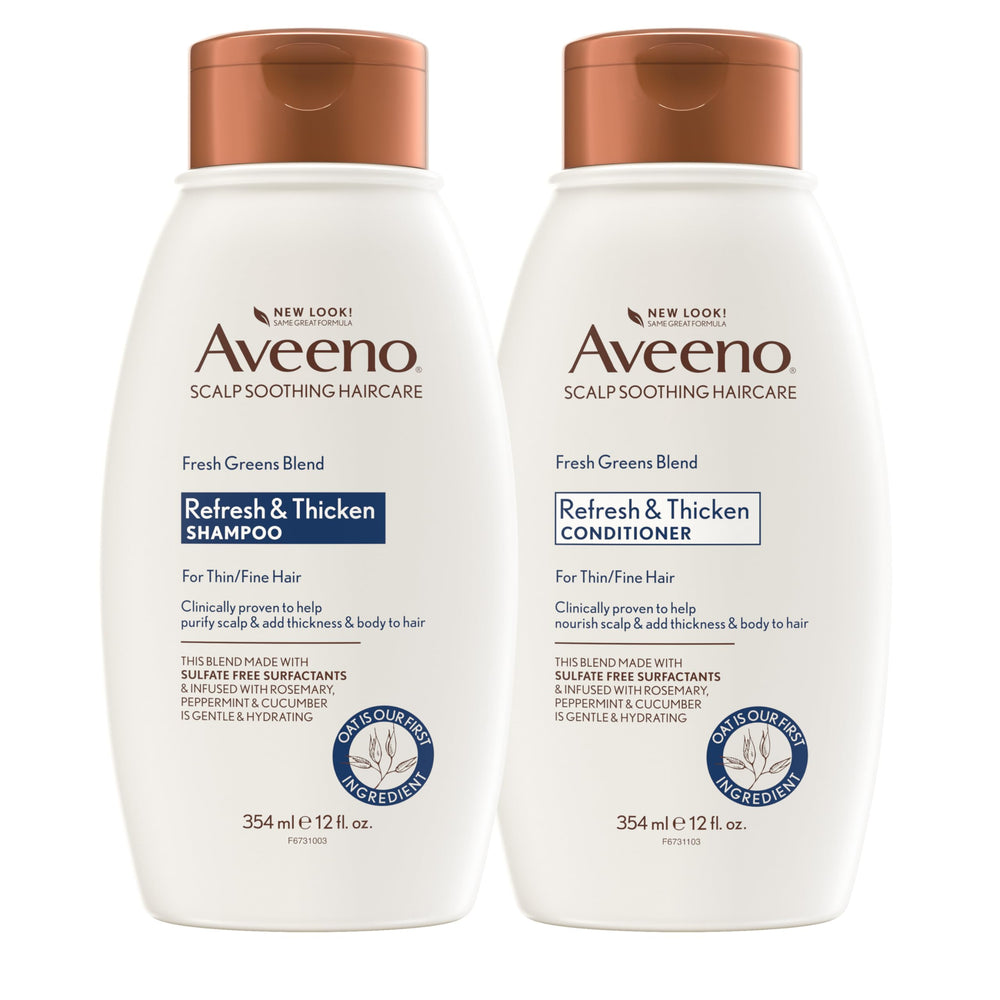 Aveeno front packaging showing Fresh Greens volumizing set and benefits