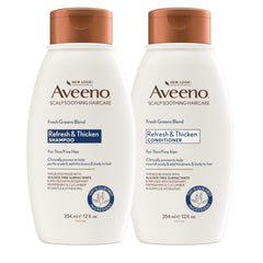 Aveeno front packaging showing Fresh Greens volumizing set and benefits