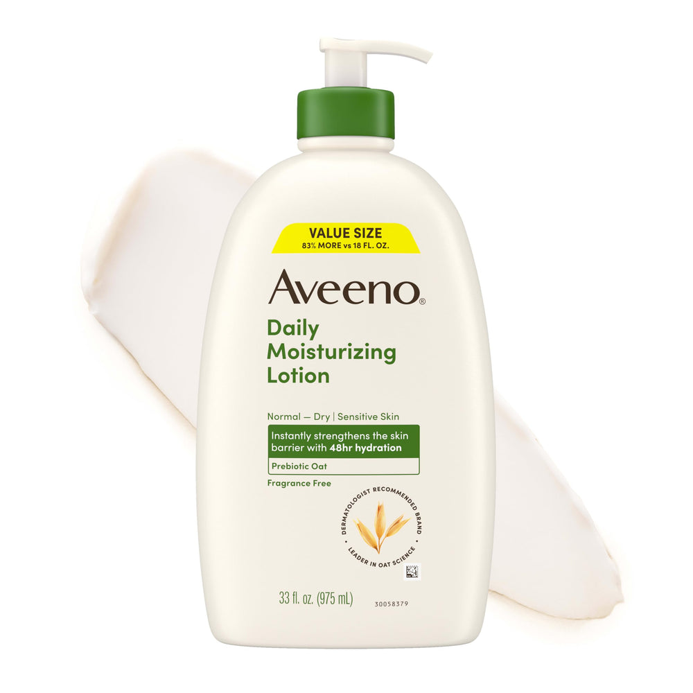 Aveeno front bottle showing large 33 fl oz size for long-lasting hydration