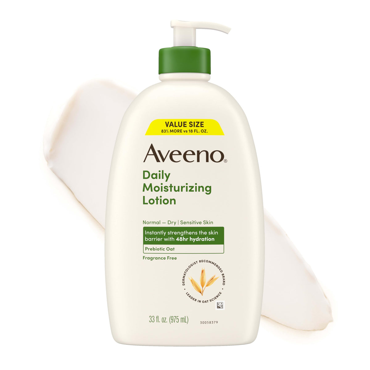 Aveeno front bottle showing large 33 fl oz size for long-lasting hydration