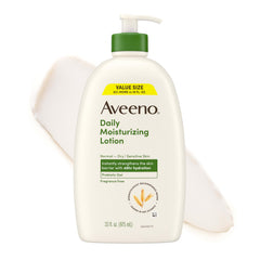 Aveeno front bottle showing large 33 fl oz size for long-lasting hydration
