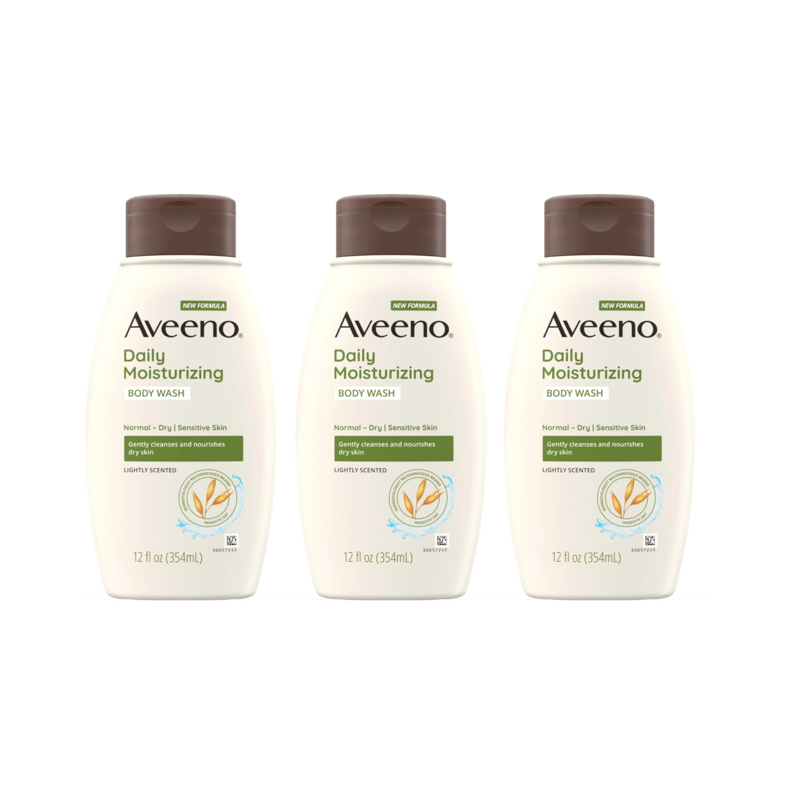 Aveeno three-pack front packaging showing bottles and benefits