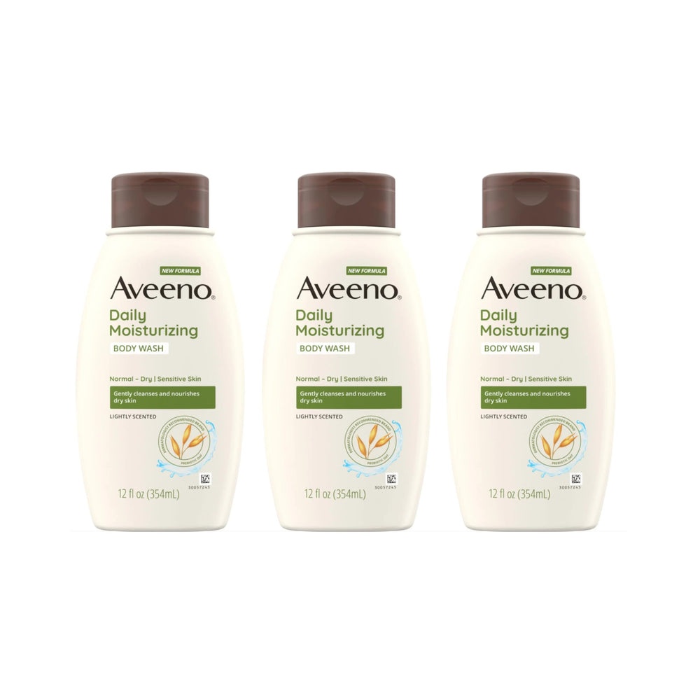 Aveeno three-pack front packaging showing bottles and benefits