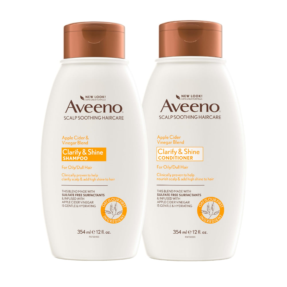 Aveeno front packaging showing apple cider vinegar set and clear benefit