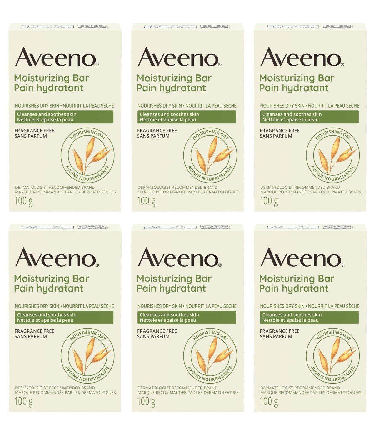 Aveeno front packaging showing six bars and value pack benefit