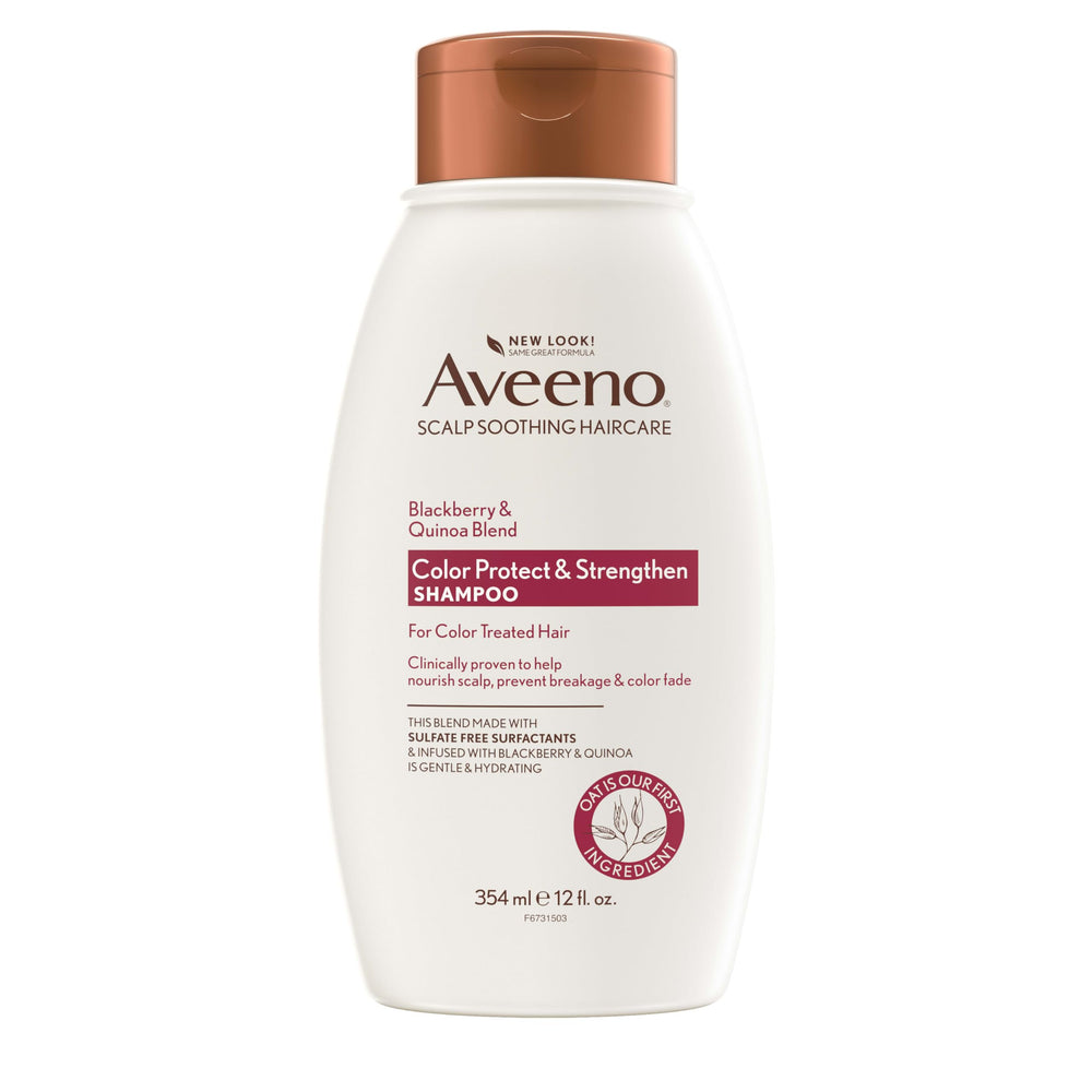 Aveeno front packaging showing blackberry quinoa shampoo benefits