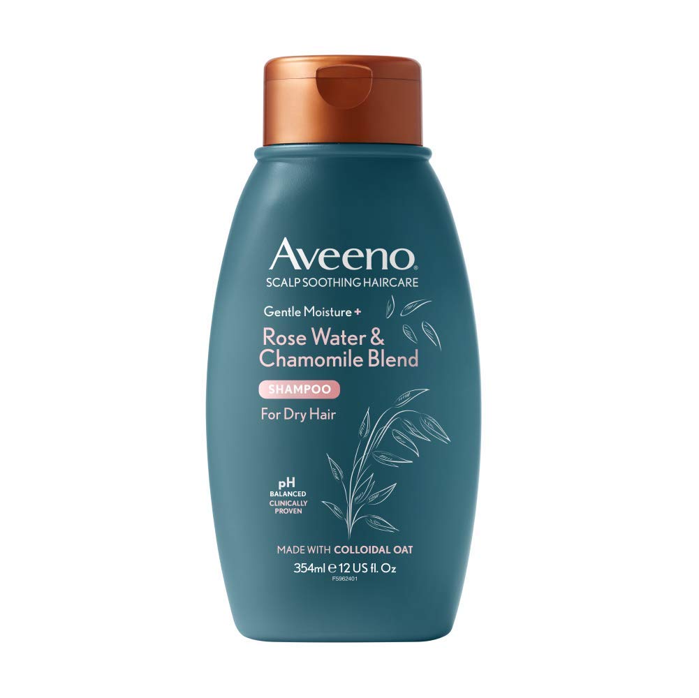 Aveeno front packaging showing rosewater and chamomile, soothing scalp care benefit