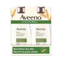 Aveeno front packaging showing two pumps and travel bottle for easy everyday hydration