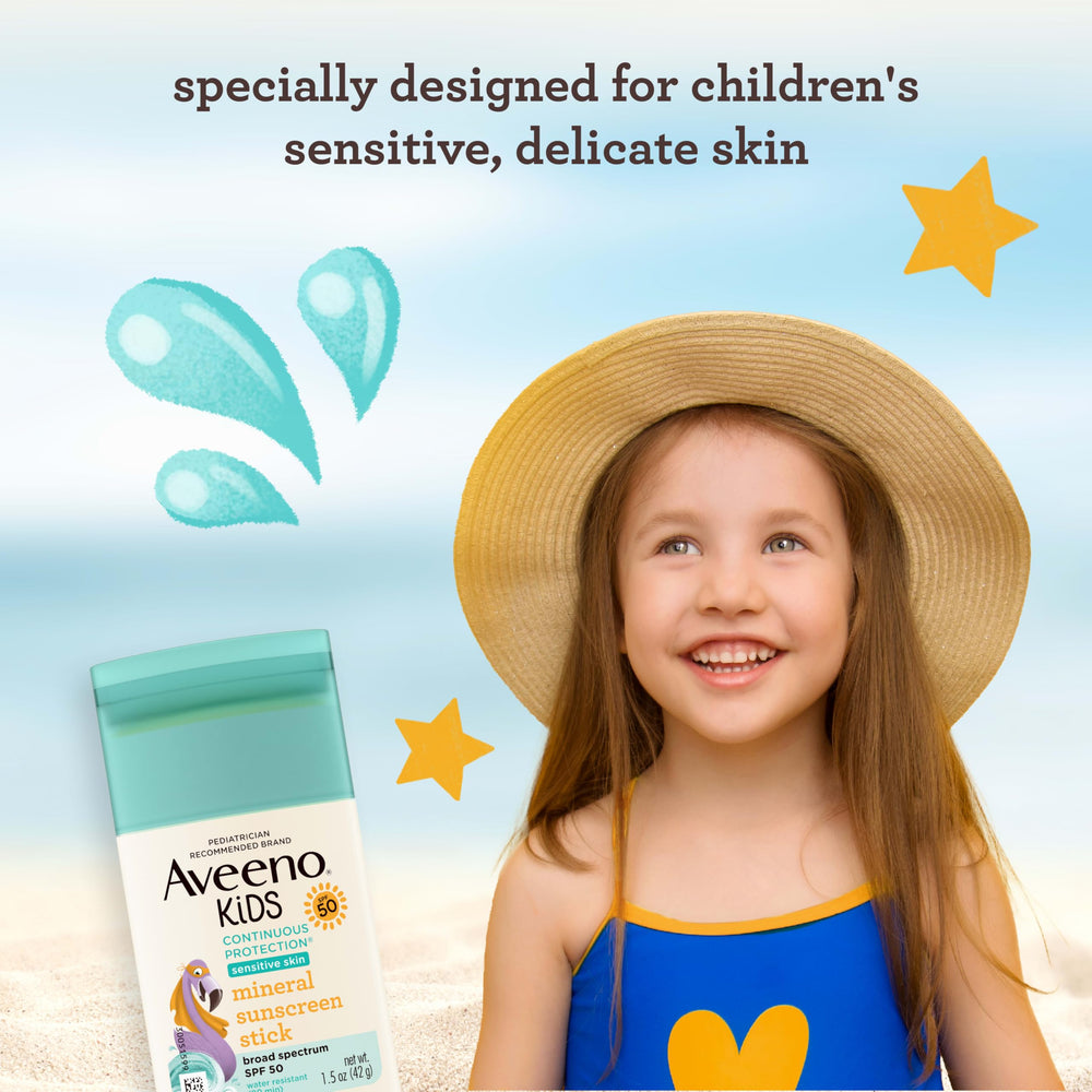 Aveeno Kids stick label close-up highlighting zinc oxide and oat essence
