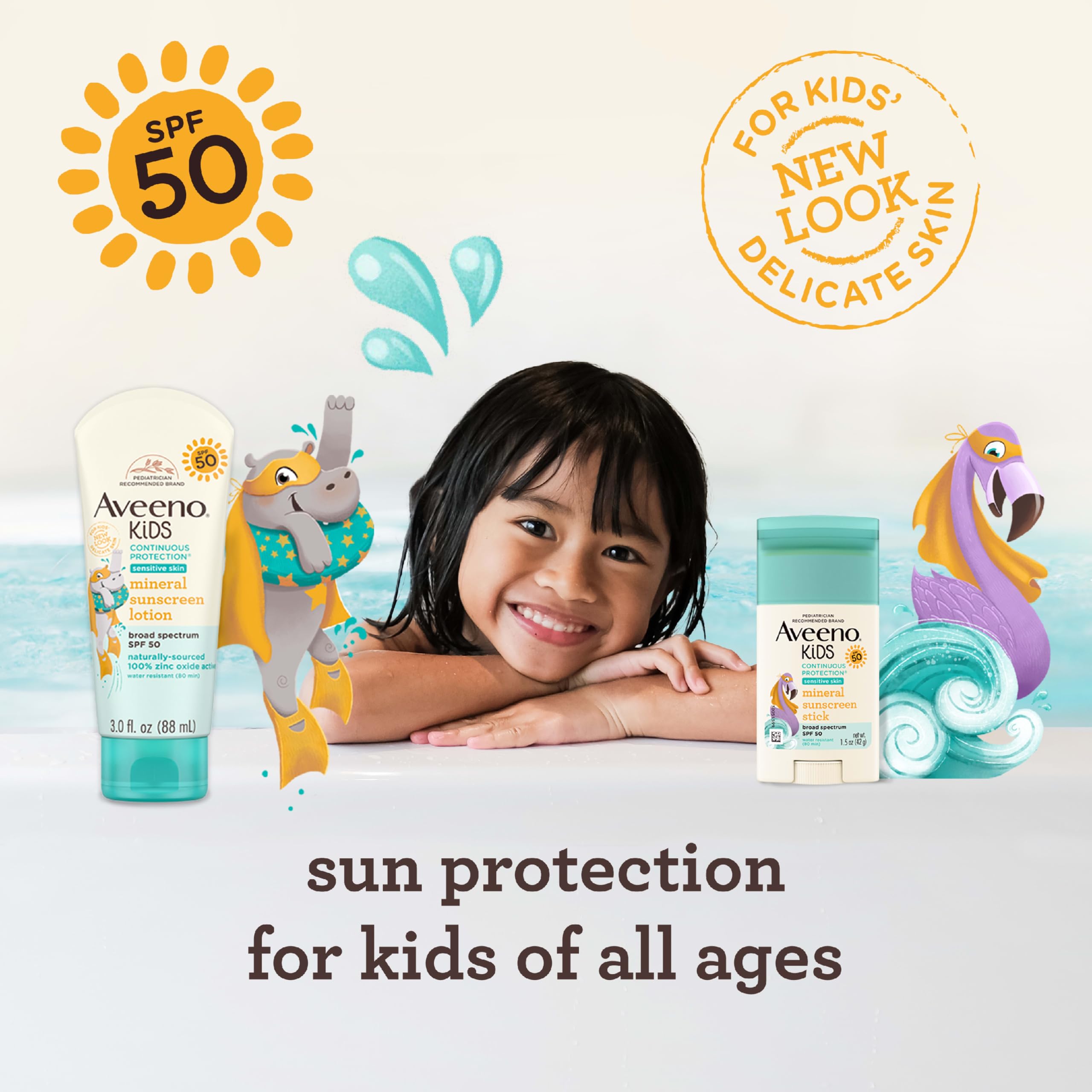 Aveeno Kids stick near pool showing water-resistant protection up to 80 minutes