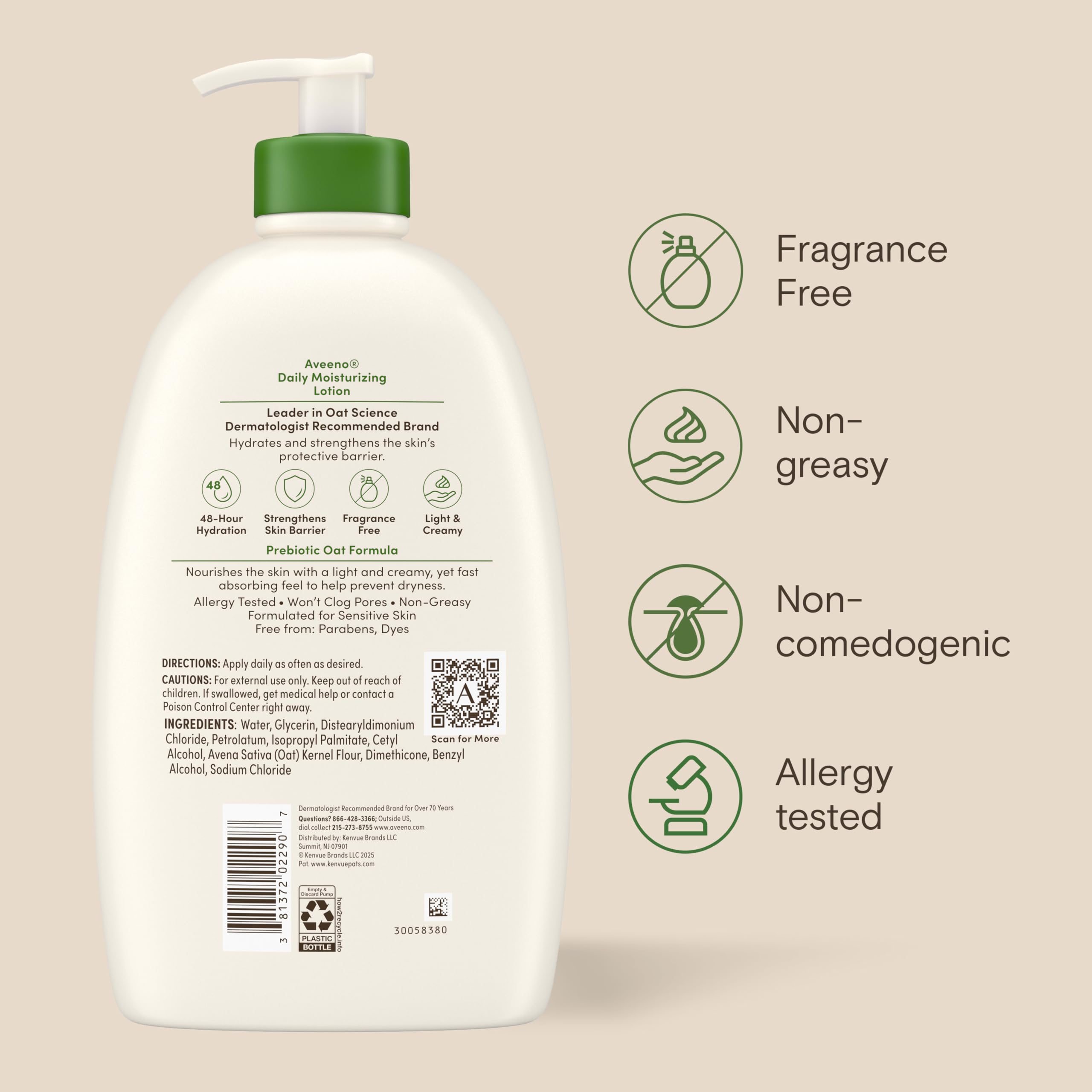 Aveeno label detail showing fragrance-free, dye- and paraben-free benefits