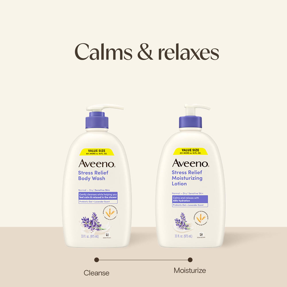 Lavender sprigs with Aveeno bottle conveying calming scent benefit