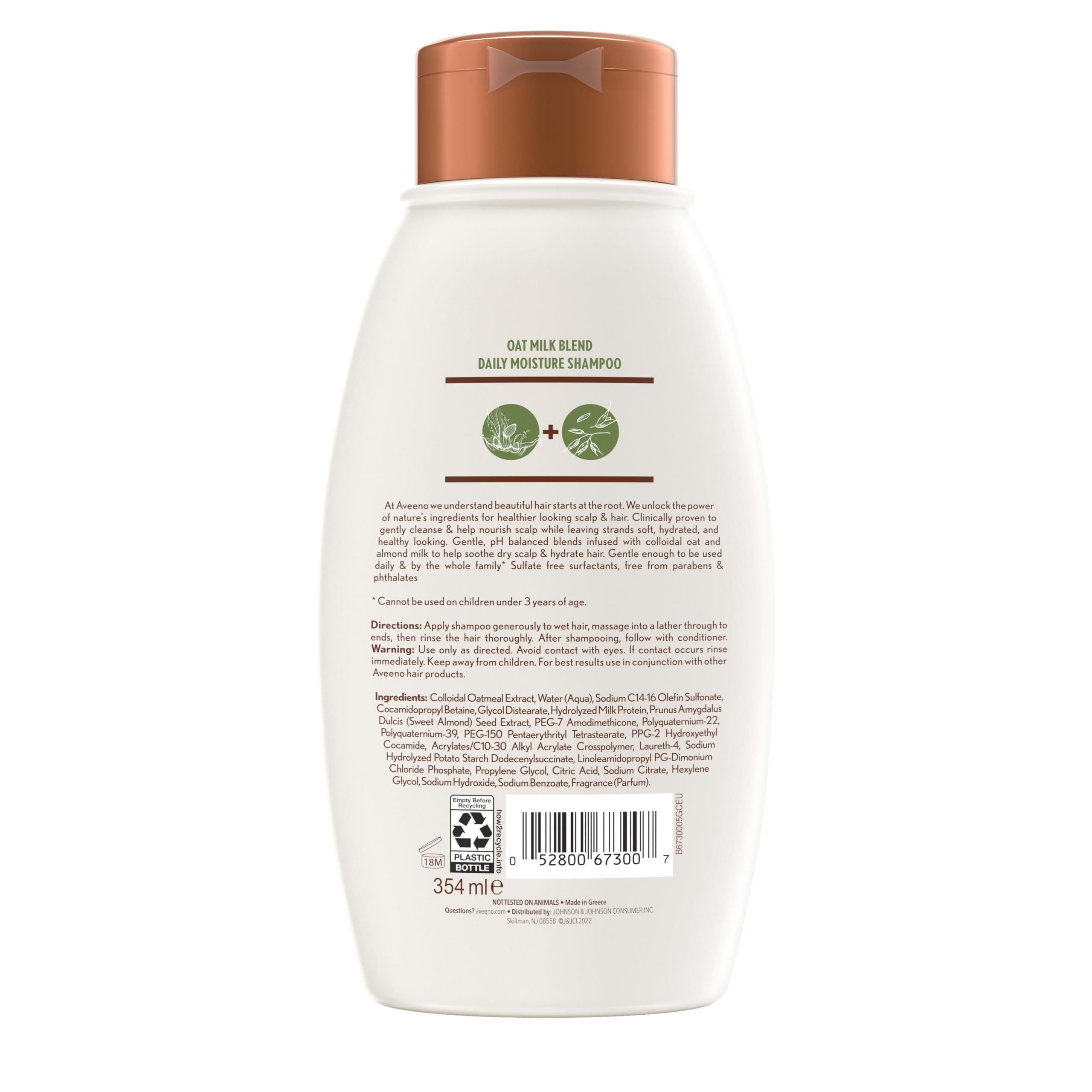 Aveeno bottle in shower scene illustrating easy rinse and soothing scalp benefit