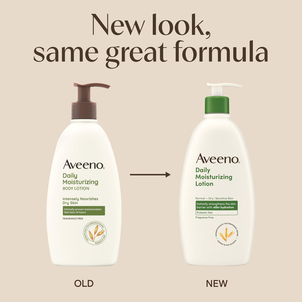 Aveeno pump dispenser closeup demonstrating easy one-handed use benefit